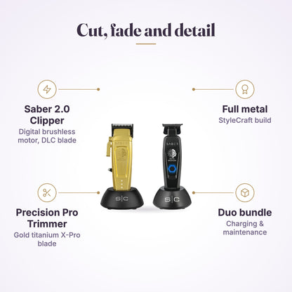 StyleCraft Saber 2 clipper and Precision Pro trimmer duo with cut, fade and detail callouts