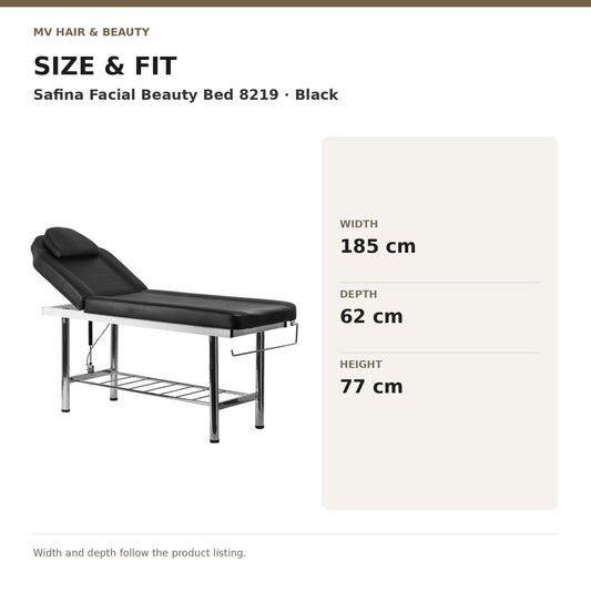 Safina Facial Beauty Bed 8219 – Black dimensions: Width: 185 cm; Depth: 62 cm; Height: 77 cm. Width and depth follow the product listing.