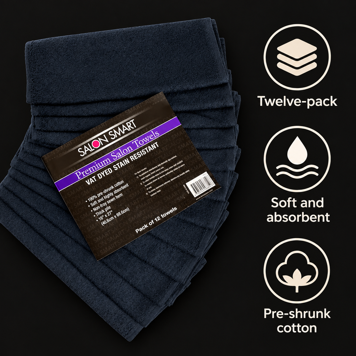 Salon Smart Premium Towels Black 12pc — product benefits