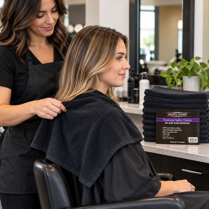Salon Smart Premium Towels Black 12pc — model and salon context