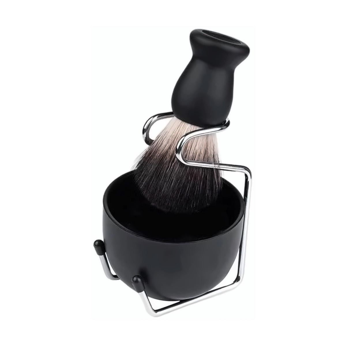Black MV shaving brush set with lather bowl and metal stand