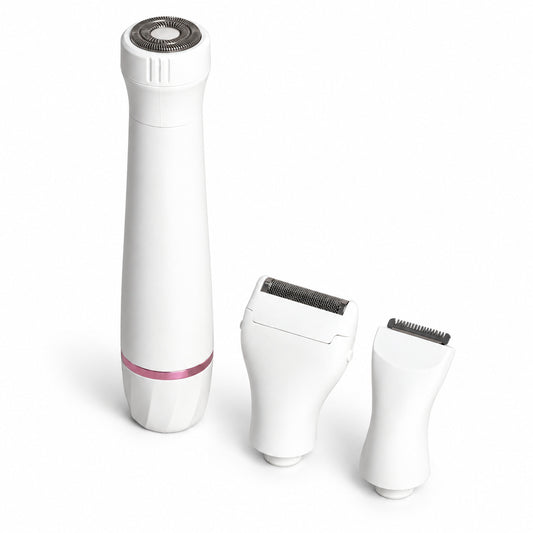 Silver Bullet LadyLuxe white and pink groomer with foil and trimmer attachments on white