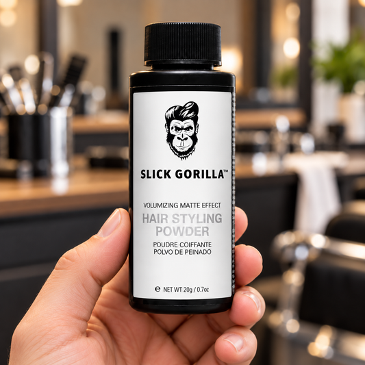 Slick Gorilla Hair Styling Powder 20g bottle held upright with the label and ridged cap visible