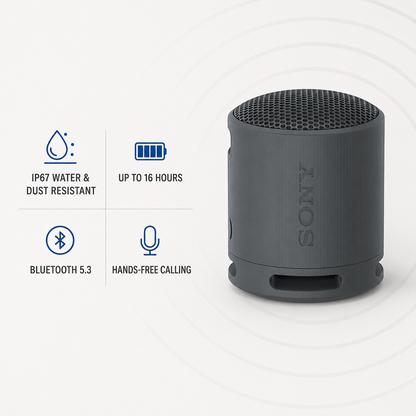 Sony SRS-XB100 Black key features including IP67, 16-hour battery and Bluetooth 5.3
