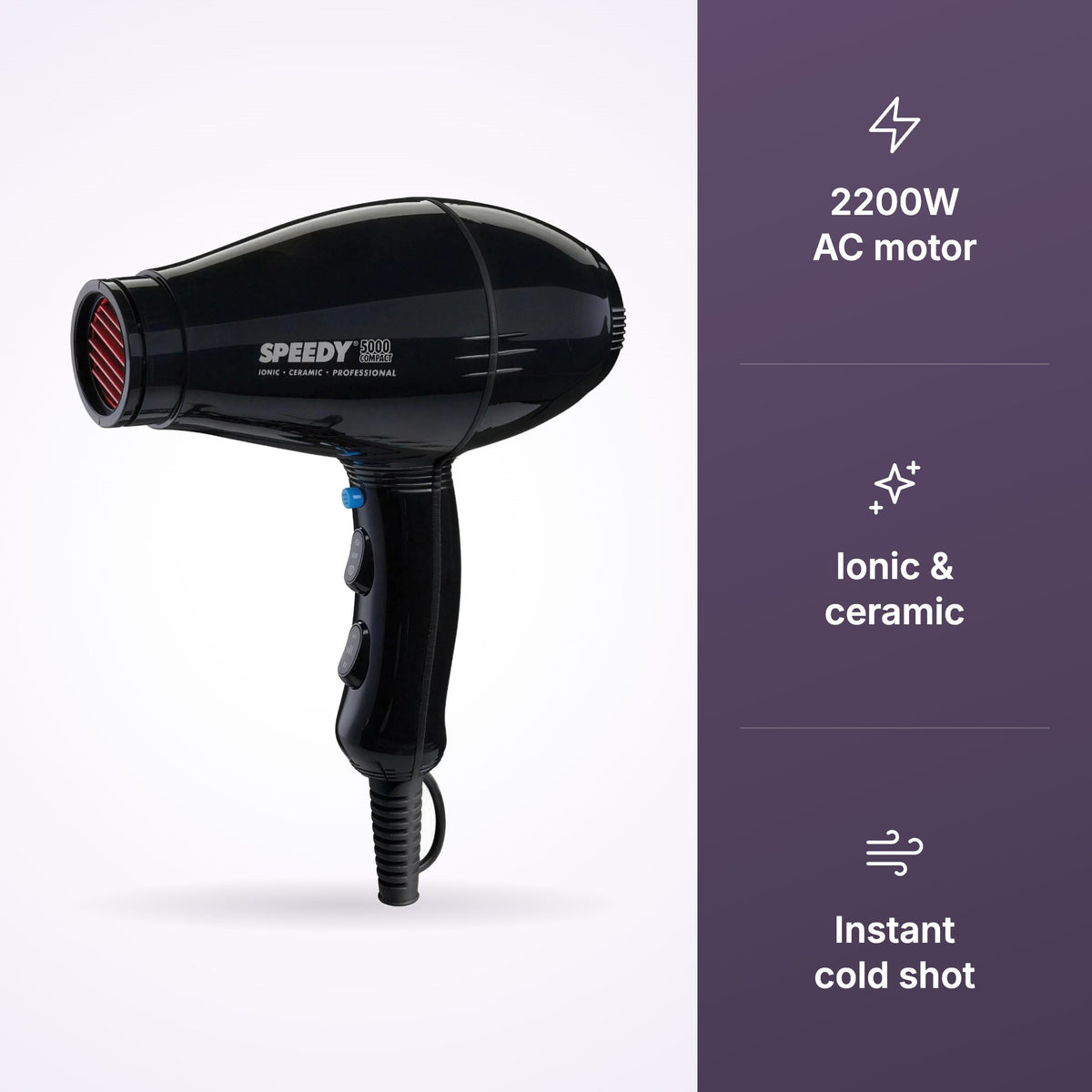Speedy 5000 Compact Ionic Ceramic Hairdryer Black, view 3