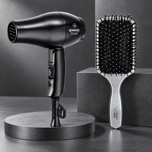 Speedy Travel Hair Dryer and Wonder Brush silver paddle brush product photo