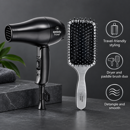 Speedy Travel Hair Dryer and Wonder Brush silver paddle brush benefits graphic