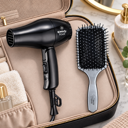 Speedy Travel Hair Dryer and silver paddle brush close-up detail
