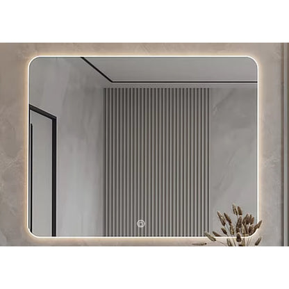 Touchless tri-colour LED mirror with rounded corners and backlit illumination