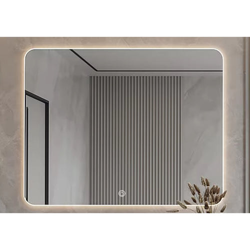 Touchless tri-colour LED mirror with rounded corners and backlit illumination
