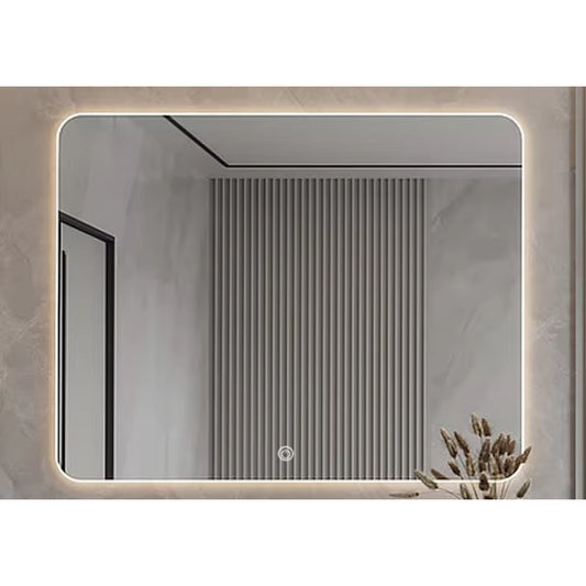 Touchless tri-colour LED mirror with rounded corners and backlit illumination
