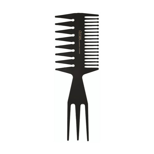 Black dual-tooth styling comb with three-prong tail