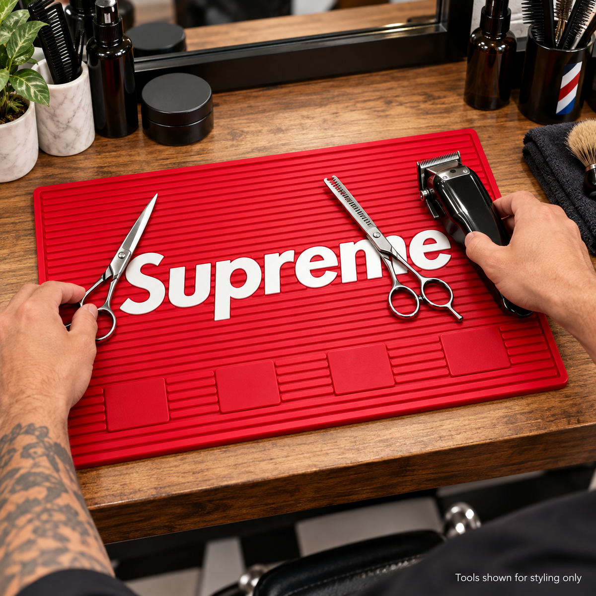 MV Magnetic Barber Mat — Supreme Red — model or salon-use example