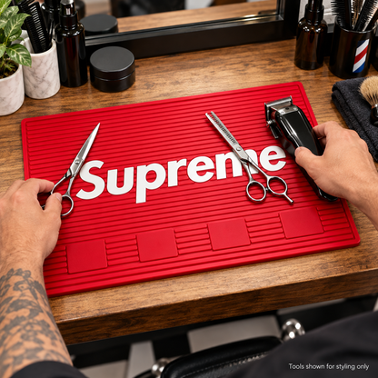 MV Magnetic Barber Mat — Supreme Red — model or salon-use example