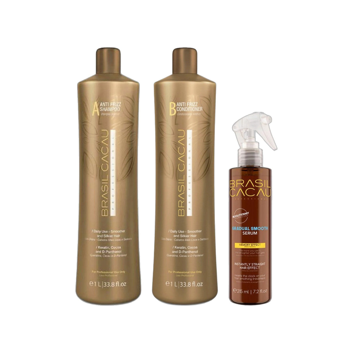 Brasil Cacau Anti Frizz Shampoo 1000ml, Keratin Anti Frizz Conditioner 1000ml & Gradual Smooth Serum 215ml Trio