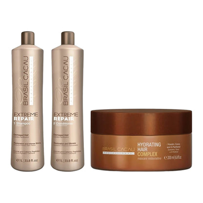 Brasil Cacau Extreme Repair Sulphate-Free Shampoo 1L, Extreme Repair Conditioner 1L & Hydrating Hair Complex 200ml Trio