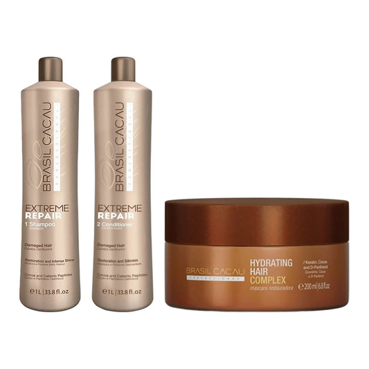Brasil Cacau Extreme Repair Sulphate-Free Shampoo 1L, Extreme Repair Conditioner 1L & Hydrating Hair Complex 200ml Trio