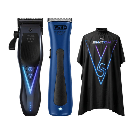 Wahl Vapor Switch Clipper, Beret Limited Edition Trimmer & Switch Barber Cape Trio
