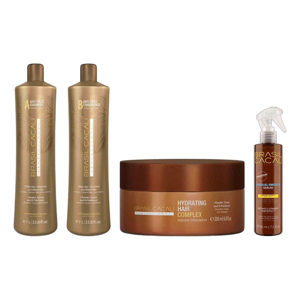 Brasil Cacau Anti Frizz Shampoo 1000ml, Keratin Anti Frizz Conditioner 1000ml, Hydrating Hair Complex 200ml & Gradual Smooth Serum 215ml Kit