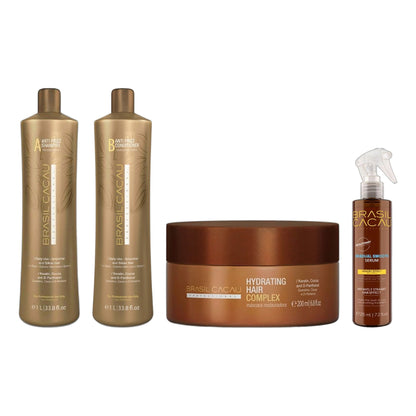 Brasil Cacau Anti Frizz Shampoo 1000ml, Keratin Anti Frizz Conditioner 1000ml, Hydrating Hair Complex 200ml & Gradual Smooth Serum 215ml Kit