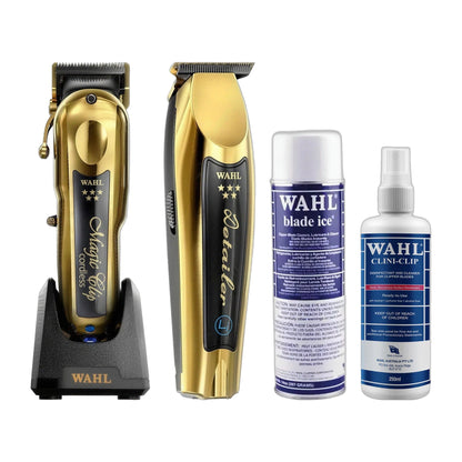 Wahl 5 Star Gold Cordless Magic Clip, 5 Star Gold Detailer Li Trimmer, Cool Ice Blade Spray 397g & Clini-Clip Blade Cleaner 250ml Kit