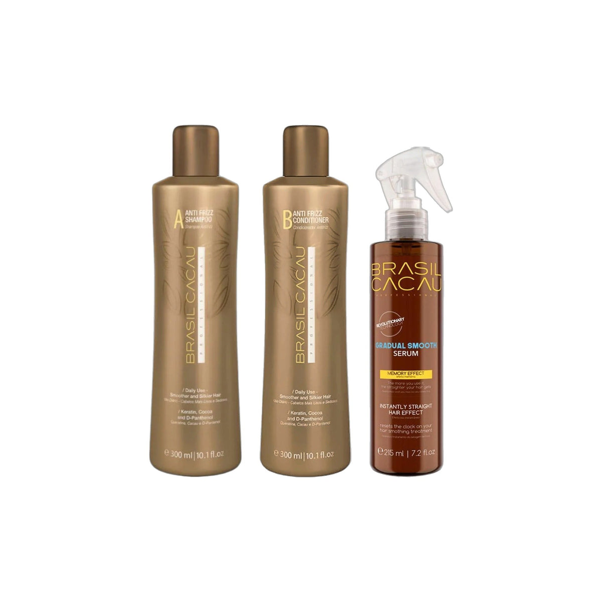 Brasil Cacau Anti Frizz Shampoo 300ml, Keratin Anti Frizz Conditioner 300ml & Gradual Smooth Serum 215ml Trio