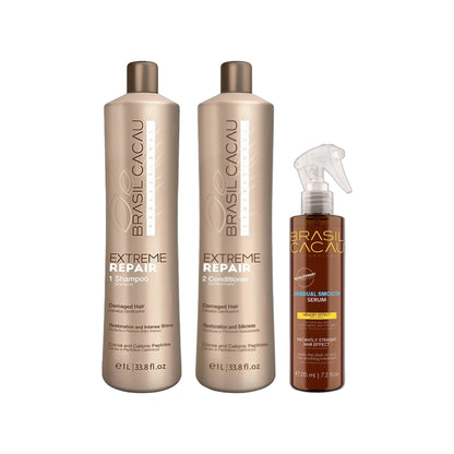 Brasil Cacau Extreme Repair Sulphate-Free Shampoo 1L, Extreme Repair Conditioner 1L & Gradual Smooth Serum 215ml Trio