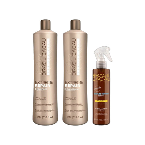 Brasil Cacau Extreme Repair Sulphate-Free Shampoo 1L, Extreme Repair Conditioner 1L & Gradual Smooth Serum 215ml Trio