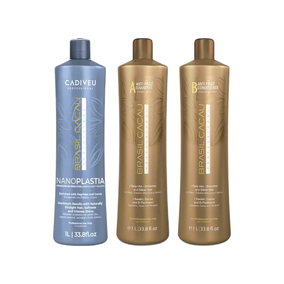 Brasil Cacau NanoPLASTIA Treatment 1000ml, Anti Frizz Shampoo 1000ml & Keratin Anti Frizz Conditioner 1000ml Trio