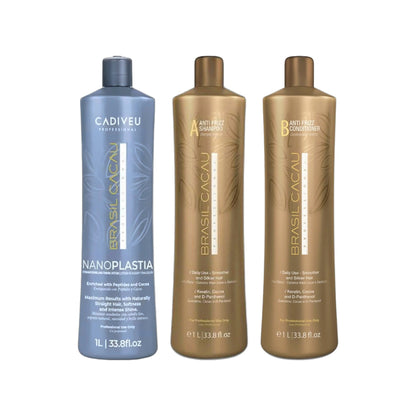 Brasil Cacau NanoPLASTIA Treatment 1000ml, Anti Frizz Shampoo 1000ml & Keratin Anti Frizz Conditioner 1000ml Trio
