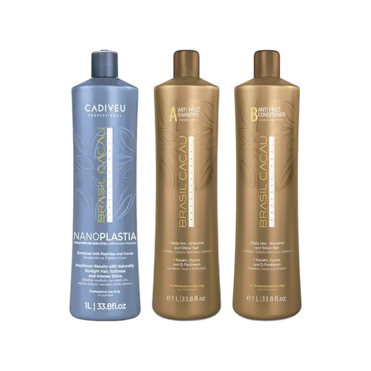 Brasil Cacau NanoPLASTIA Treatment 1000ml, Anti Frizz Shampoo 1000ml & Keratin Anti Frizz Conditioner 1000ml Trio