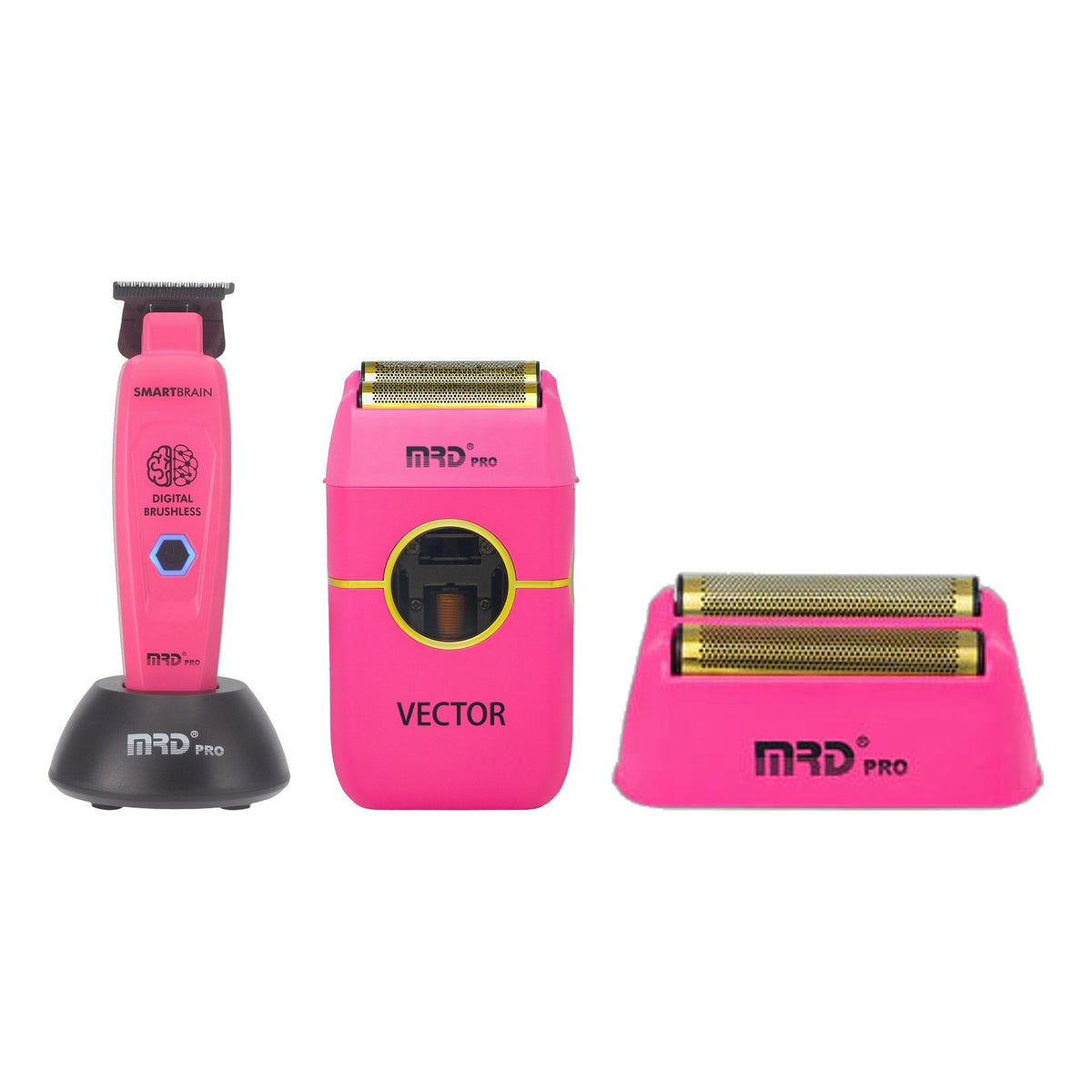 MRD Pro Smart Brain Cordless Trimmer, Vector Foil Shaver & Vector Foil Shaver Replacement Head Trio - Pink