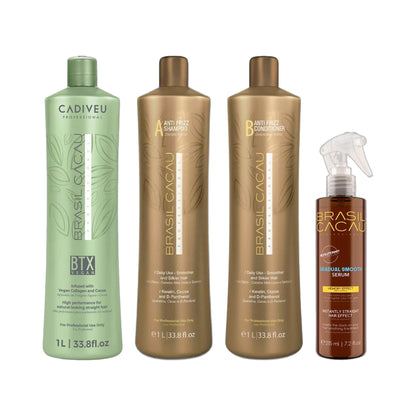 Brasil Cacau BTX Vegan 1L, Anti Frizz Shampoo 1000ml, Keratin Anti Frizz Conditioner 1000ml & Gradual Smooth Serum 215ml Kit