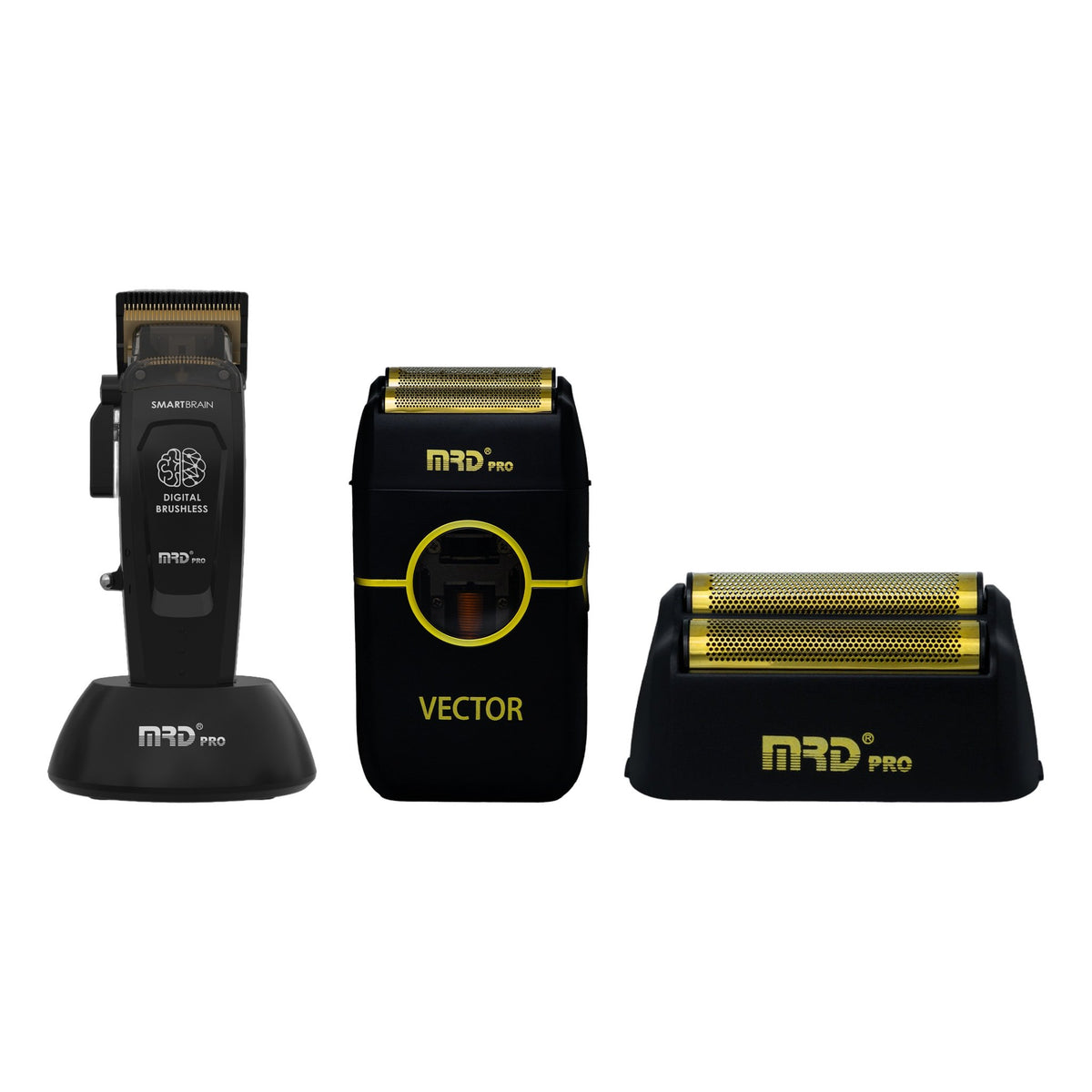 MRD Pro Smart Brain Cordless Clipper, Vector Foil Shaver & Vector Foil Shaver Replacement Head Trio - Black