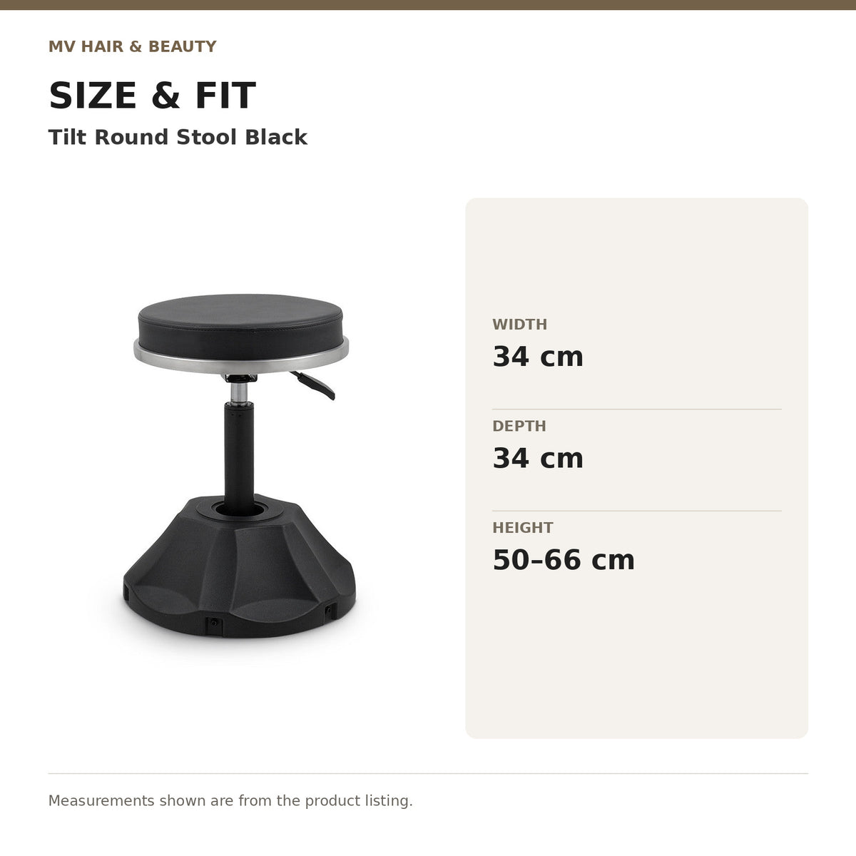 Tilt Round Stool Black dimensions: Width: 34 cm; Depth: 34 cm; Height: 50–66 cm