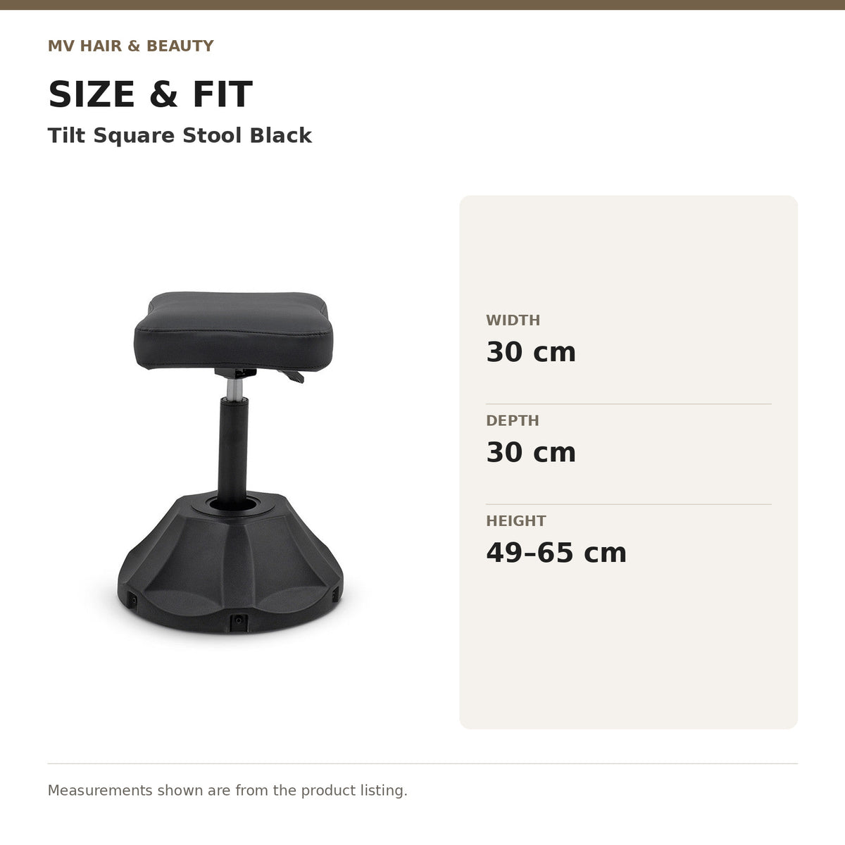 Tilt Square Stool Black dimensions: Width: 30 cm; Depth: 30 cm; Height: 49–65 cm