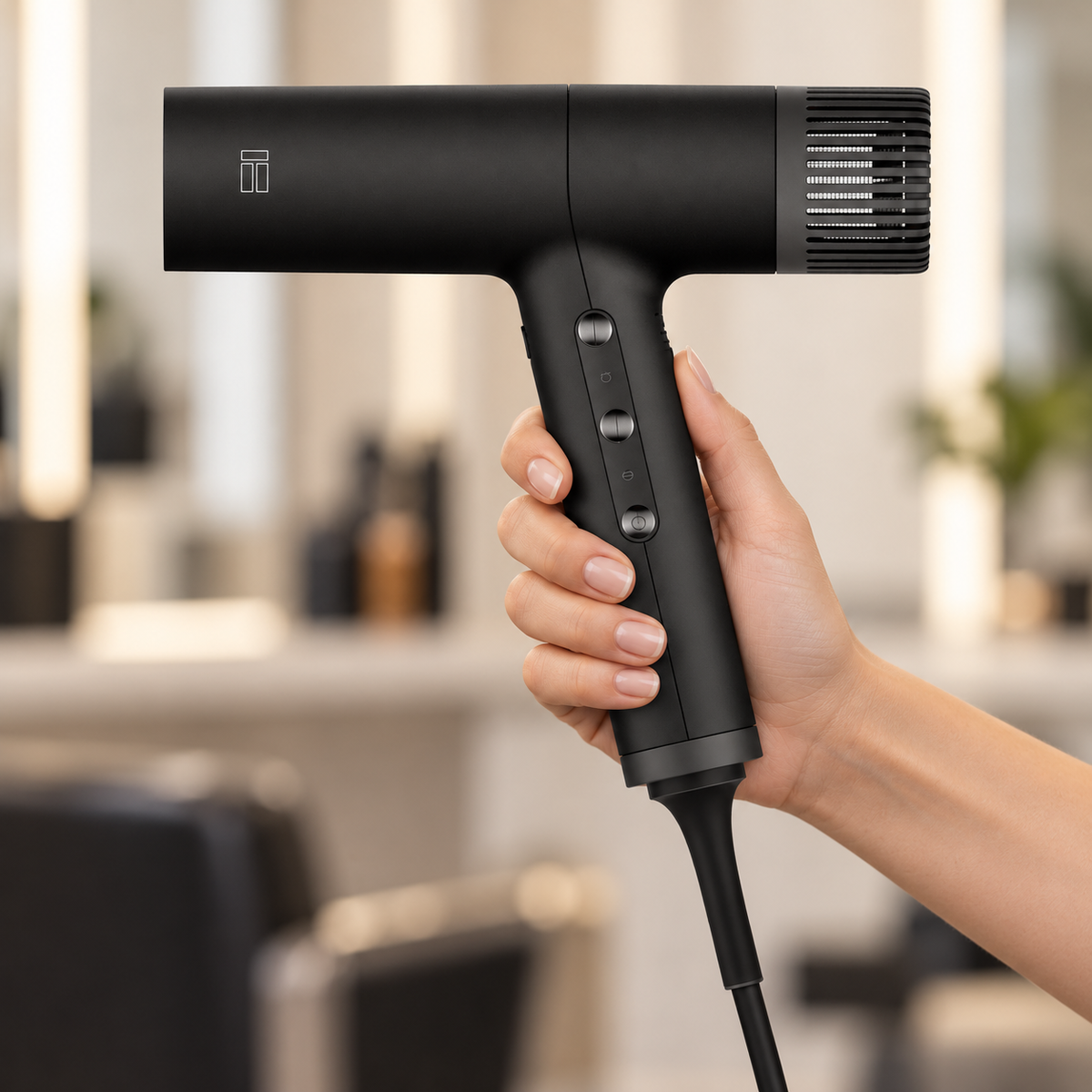 TUFT T8i black hair dryer held by its handle, showing the side controls and rear grille