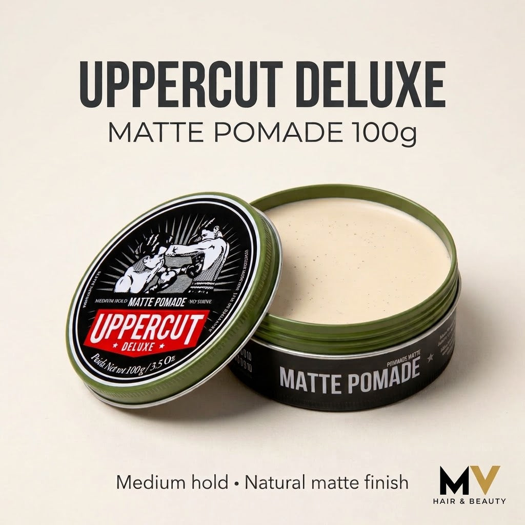 Uppercut Deluxe Matte Pomade 100g product illustration with medium hold and natural matte finish captions and MV Hair & Beauty logo