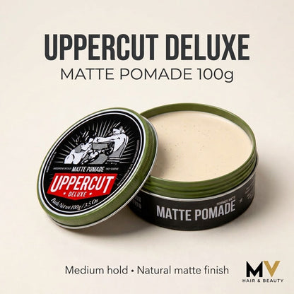 Uppercut Deluxe Matte Pomade 100g product illustration with medium hold and natural matte finish captions and MV Hair & Beauty logo