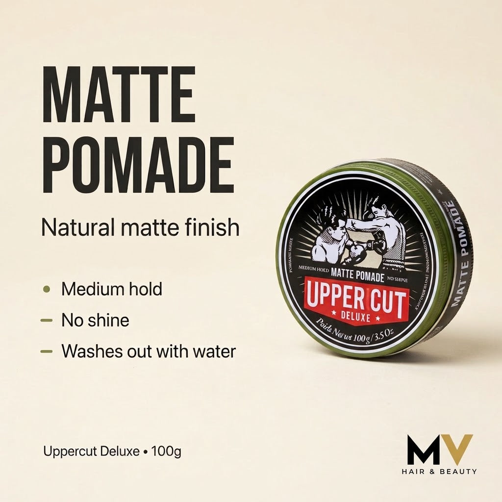 Uppercut Deluxe Matte Pomade 100g benefits: medium hold, natural matte finish, no shine and washes out with water, with MV Hair & Beauty logo