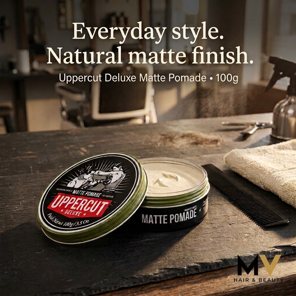 Uppercut Deluxe Matte Pomade 100g barbershop lifestyle illustration with everyday style caption and MV Hair & Beauty logo