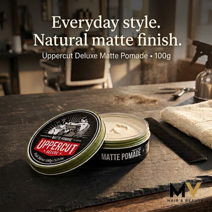 Uppercut Deluxe Matte Pomade 100g barbershop lifestyle illustration with everyday style caption and MV Hair & Beauty logo