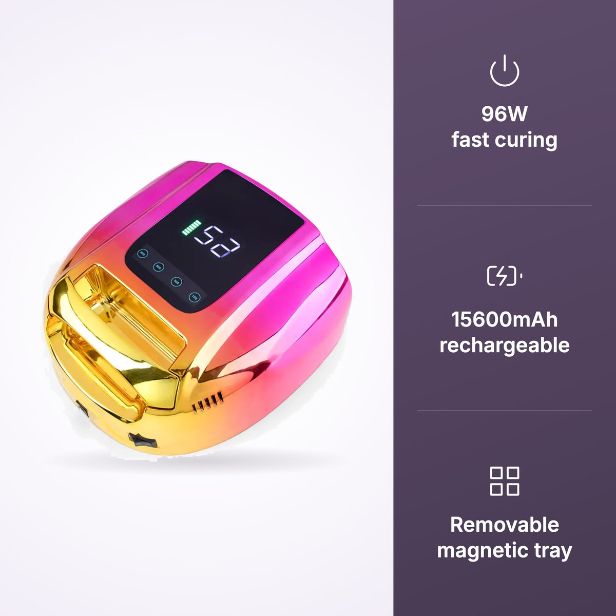 ACOS UV Nail Lamp 96W – Rechargeable with Magnetic Tray key benefits infographic