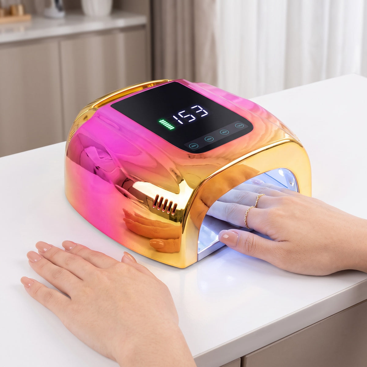 ACOS UV Nail Lamp 96W – Rechargeable with Magnetic Tray in use