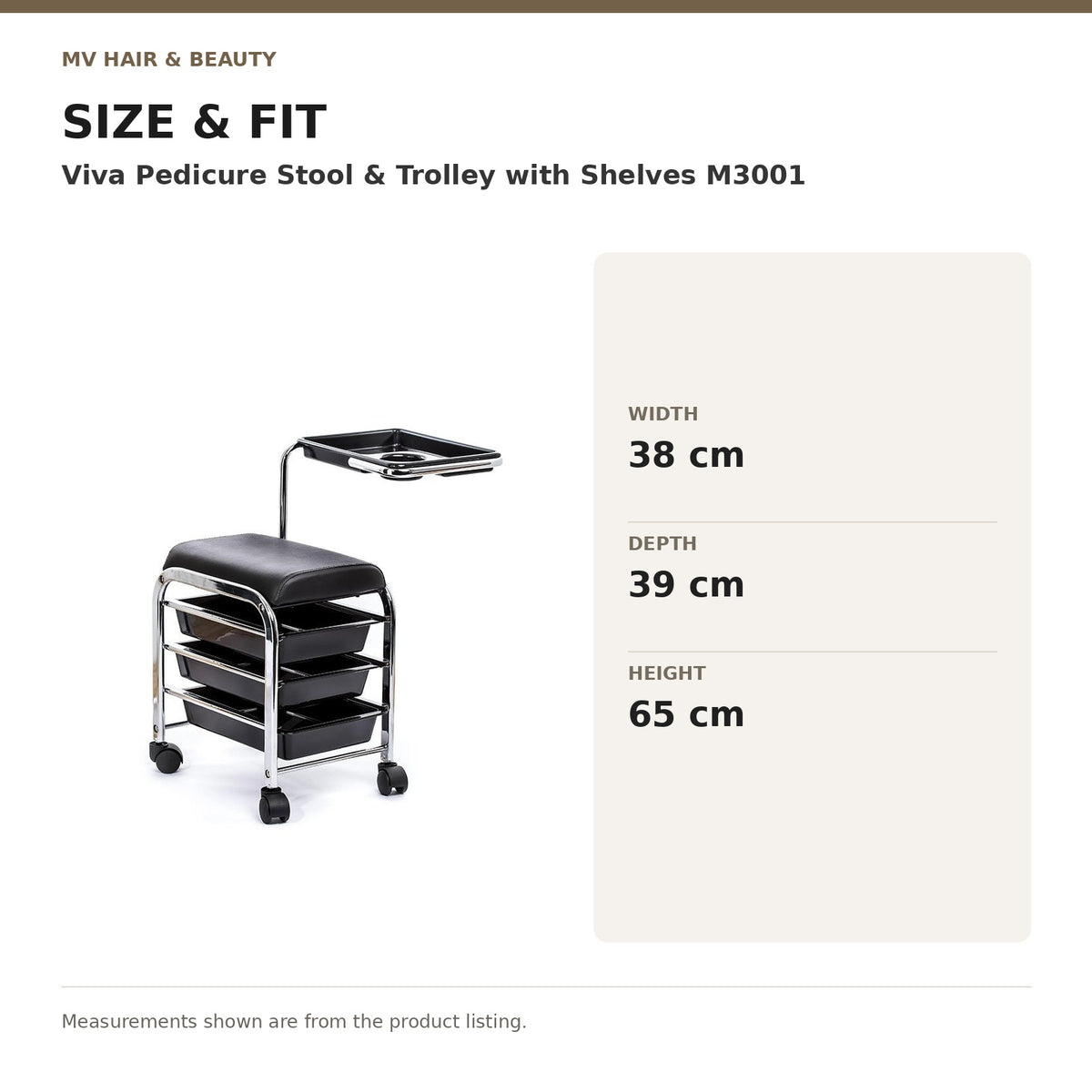 Viva Pedicure Stool & Trolley with Shelves M3001 dimensions: Width: 38 cm; Depth: 39 cm; Height: 65 cm