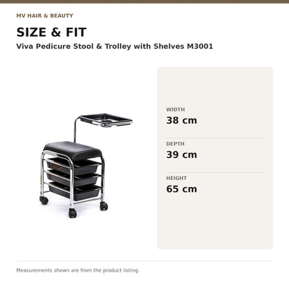 Viva Pedicure Stool & Trolley with Shelves M3001 dimensions: Width: 38 cm; Depth: 39 cm; Height: 65 cm