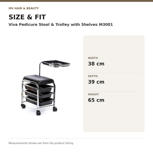 Viva Pedicure Stool & Trolley with Shelves M3001 dimensions: Width: 38 cm; Depth: 39 cm; Height: 65 cm