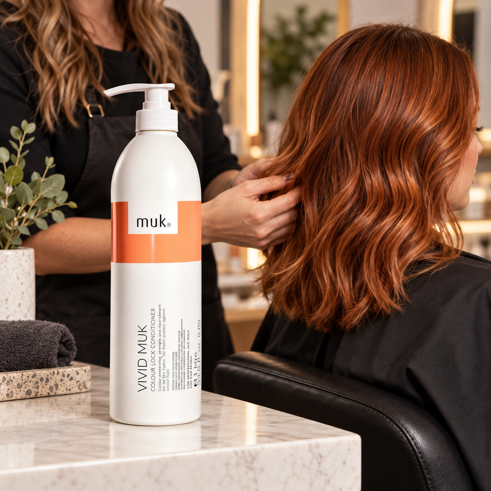 AI-generated illustration: Vivid muk Colour Lock Conditioner 1000ml in a salon or grooming setting