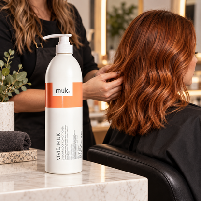 AI-generated illustration: Vivid muk Colour Lock Conditioner 1000ml in a salon or grooming setting