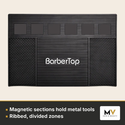 BarberTop Magnetic Barber Tool Mat – Black – Magnetic sections hold metal tools, Ribbed, divided zones